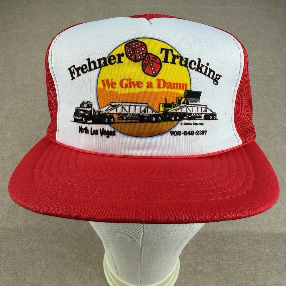 Vintage‎ Frehner Trucking Snapback Hat Red Mesh Foam Cap We Give A Damn Korea OS